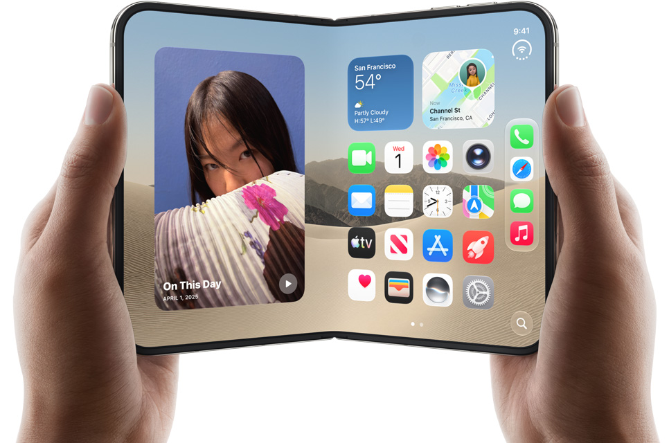 An unfolded iPhone Duo held in two hands with the Home Screen visible
