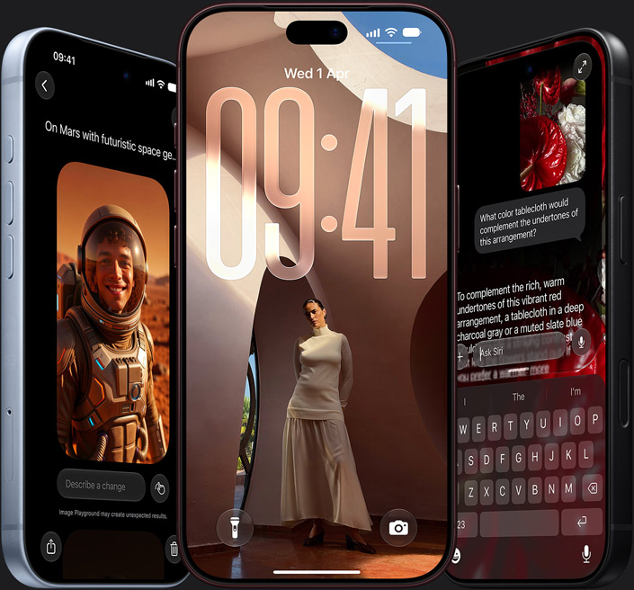 Apple's illustration of Siri AI and image features on three iPhones